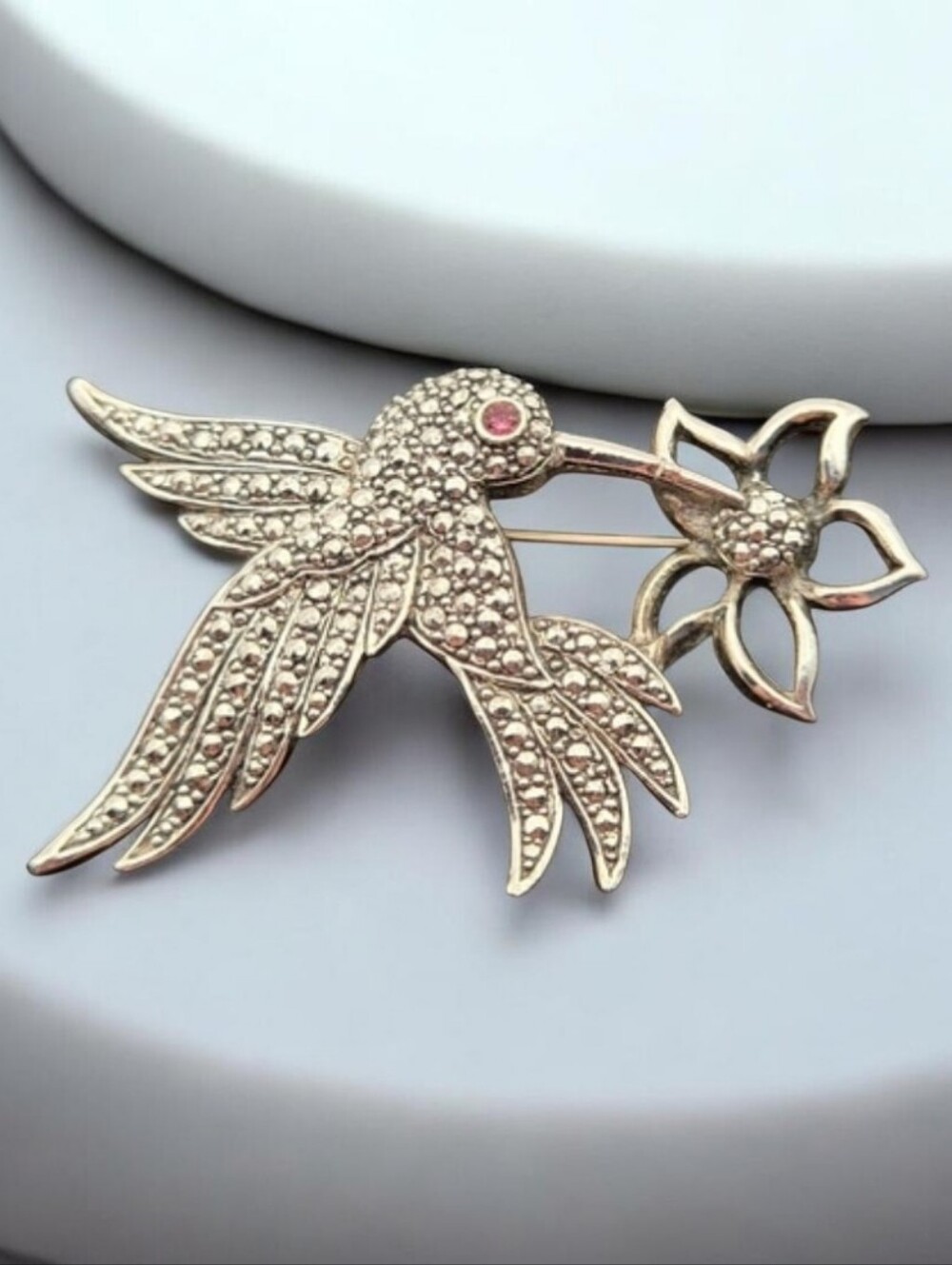 Vintage Avon Hummingbird Brooch – Silver Tone with Marcasite Rhinestones